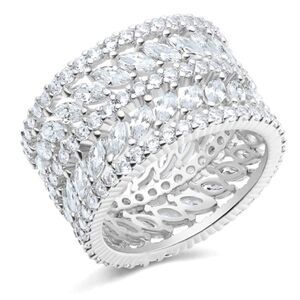 14K White Gold with White Diamond Cubic Zirconia Wide Band Statement Ring